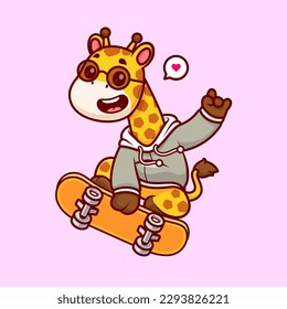 Cute Giraffe Playing Skateboard Cartoon Vector Icon Illustration. Animal Sport Icon Concept Isolated Premium Vector. Flat Cartoon Style
