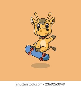 Cute giraffe playing skateboard cartoon illustration