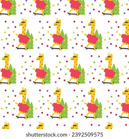 Cute giraffe playing skateboard Seamless pattern. for fabric, print, textile and wallpaper