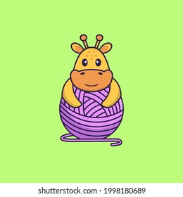 Cute giraffe playing with wool yarn. Animal cartoon concept isolated. Can used for t-shirt, greeting card, invitation card or mascot.