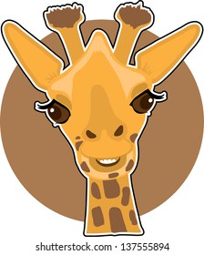 A cute giraffe portrait with a brown circle background