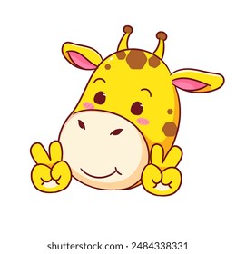 Cute Giraffe Poses Peace Hand Sign Gesture Cartoon Character. Adorable and Kawaii Animal Icon Mascot Concept Design. Logo Vector Illustration. Isolated White Background.