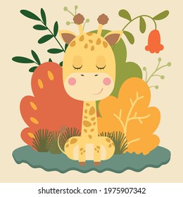 Cute giraffe poster and merchandising with leaves background