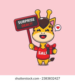 cute giraffe with promotion sign and gift box in black friday sale cartoon vector illustration