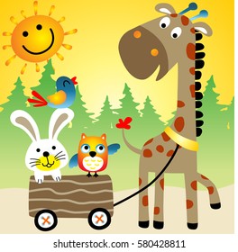 Cute giraffe pulling rabbit and birds with a small wagon, smiling sun with trees, vector cartoon illustration. Eps 10