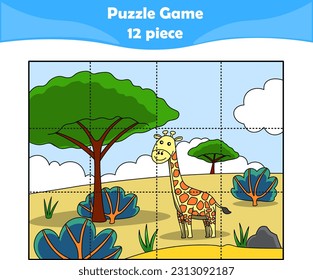 Cute giraffe. Puzzle games for kids. 12 piece. Child education. Vector illustration