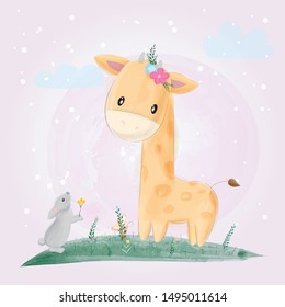 Cute giraffe and rabbit buddy draw with watercolor brush.