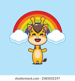 Cute giraffe with rainbow cartoon vector illustration. vector cartoon illustration suitable for poster, brochure, web, mascot, sticker, logo and icon.