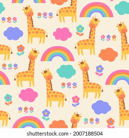 Cute giraffe with rainbow, cloud and flower seamless pattern background.