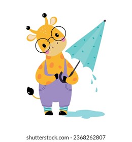 Cute Giraffe in Rainy Day Walking with Umbrella Vector Illustration