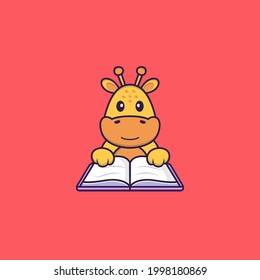 Cute giraffe reading a book. Animal cartoon concept isolated. Can used for t-shirt, greeting card, invitation card or mascot.