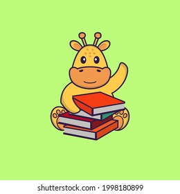 Cute giraffe reading a book. Animal cartoon concept isolated. Can used for t-shirt, greeting card, invitation card or mascot.