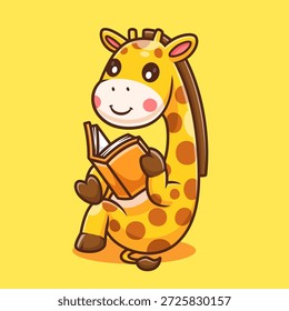 Ilustración linda del icono del Vector de la historieta del libro de lectura de la jirafa. Icono de Educación Animal Concepto Aislado Premium Vector. Estilo plano de la historieta