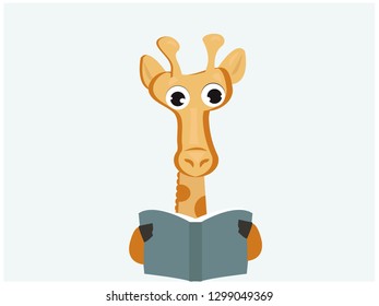 Cute giraffe reading book illustration.Vector illustration of cartoon giraffe holding book.