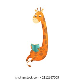 Cute giraffe reading book. Smart baby animal sitting and studying with book cartoon vector illustration
