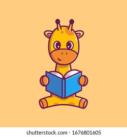 Cute Giraffe Reading Book Vector Icon Illustration. Giraffe Mascot Cartoon Character. Animal Icon Concept White Isolated. Flat Cartoon Style Suitable for Web Landing Page, Banner, Flyer, Sticker, Card