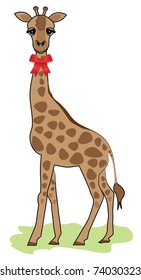 cute giraffe with red ribbon on white background