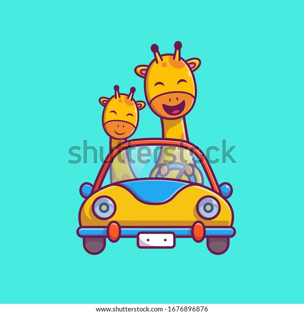 Cute Giraffe Riding Car Vector Icon Illustration.\
Giraffe Mascot Cartoon Character. Animal Icon Concept White\
Isolated. Flat Cartoon Style Suitable for Web Landing Page, Banner,\
Flyer, Sticker, Card
