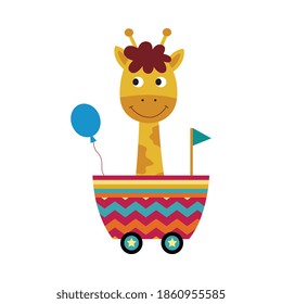 Cute giraffe riding in railway wagon, flat cartoon vector illustration isolated on white background.Funny animal print for children t-shirt and birthday cards.