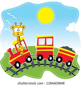 Cute giraffe riding toy train on white background illustration vector