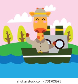 Cute giraffe sailing with his boat on a river. Cute animal series for kid. Cute and funny animal t shirt design for kid.