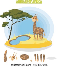 Cute giraffe in the savannah location. Vector illustration. Parts of a giraffe are grouped to create cartoons, and animations for games.