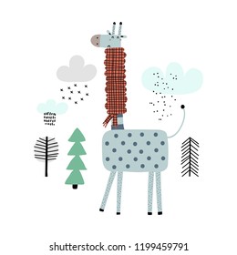 Cute giraffe in a scarf. Design for poster, card, bag and t-shirt, cover. Vector illustration. Wimter illustration.