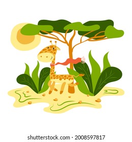A cute giraffe in a scarf walks in nature. Beautiful cartoon illustration with cute giraffe walks nature. Funny vector illustration. Cute cartoon character. Nature landscape.