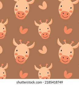Cute giraffe seamless pattern, animal muzzle, head. Cartoon vector illustration. Kid texture, background, wallpapers, ornament. Childish design of wrapping paper, fabric, textile, graphic, print