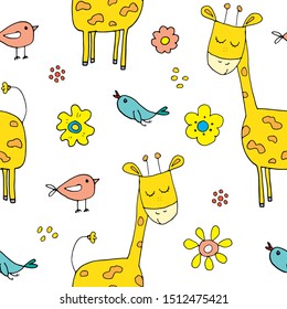 Cute Giraffe Seamless Pattern, Cartoon Hand Drawn Animal Doodles Vector Illustration .