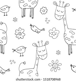 Cute Giraffe Seamless Pattern, Cartoon Hand Drawn Animal Doodles Vector Illustration .