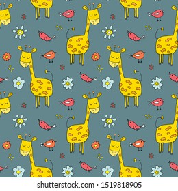 Cute Giraffe Seamless Pattern, Cartoon Hand Drawn Animal Doodles Vector Illustration .