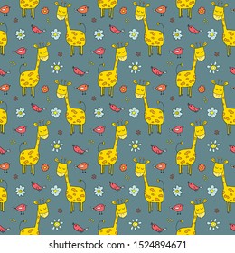 Cute Giraffe Seamless Pattern, Cartoon Hand Drawn Animal Doodles Vector Illustration .