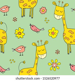 Cute Giraffe Seamless Pattern, Cartoon Hand Drawn Animal Doodles Vector Illustration .