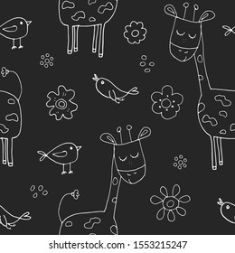 Cute Giraffe Seamless Pattern, Cartoon Hand Drawn Animal Doodles Vector Illustration .