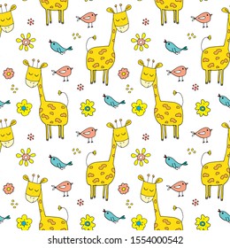 Cute Giraffe Seamless Pattern, Cartoon Hand Drawn Animal Doodles Vector Illustration .