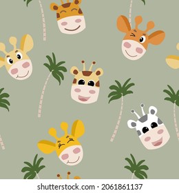Cute giraffe seamless pattern, Seamless childish pattern with funny animals faces . Creative scandinavian kids texture for fabric, wrapping, textile, wallpaper, apparel. Vector illustration