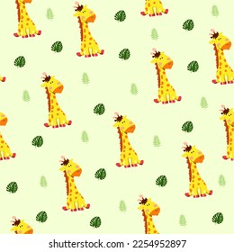 Cute giraffe seamless pattern with leaves, for children background or cute creative texture for fabric. A simple flat design