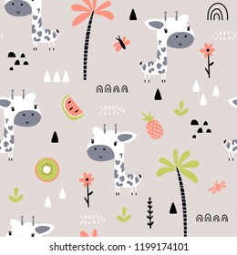 Cute giraffe seamless pattern with palm trees and fruits. Children background. Cartoon baby animals. 