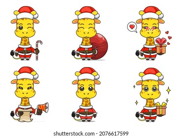 cute giraffe set, animal character bundles in santa costumes, animals wearing christmas costumes. cartoon in kawaii style, chibi mascot. very suitable for Christmas content. for adult or child