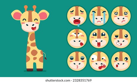 Cute giraffe, set of animal emotions, tiny giraffe with emoji collocation, sleeping, crying, sad, Bored, happy, excited, lovable, surprised, careless, confident, terrifled, stunned, Flat Vector avatar