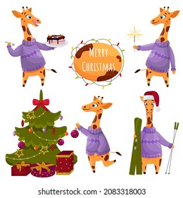 Cute Giraffe set for Christmas. Christmas tree, sparklers, cake, skiing. Vector cartoon illustration isolated on the white background.