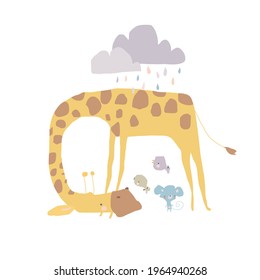 Cute Giraffe shelters Mouse and Birds from the rain