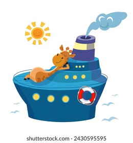 Cute giraffe and ship on white background. Summer, sea and holidays, travelling. Cartoon scene for design. Vector illustration.