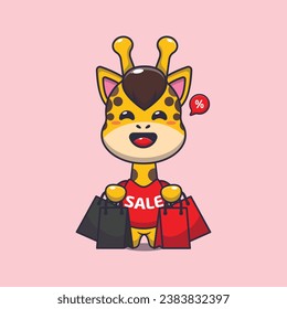 cute giraffe with shopping bag in black friday sale cartoon vector illustration