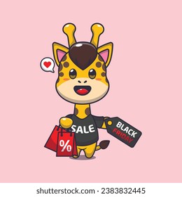 cute giraffe with shopping bag and black friday sale discount cartoon vector illustration