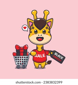 cute giraffe with shopping cart and discount coupon black friday sale cartoon vector illustration