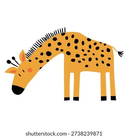 A cute giraffe in a simple children's style is eating grass. A flat vector illustration in a naive style. 