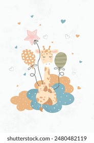 A cute giraffe sits and sleeps on the clouds. Baby for posters, fabric prints, newborn cards. Vector