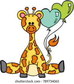 Cute giraffe sitting with heart shaped balloon